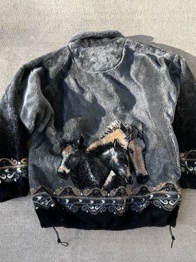 Vintage 90s bear ridge horse pony foal plush Sherpa zip up jacket fleece coat